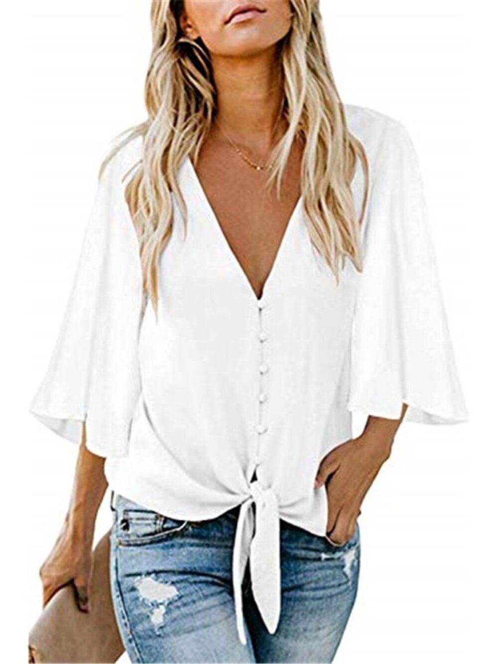 Women's Button Down V Necktie Knot Front